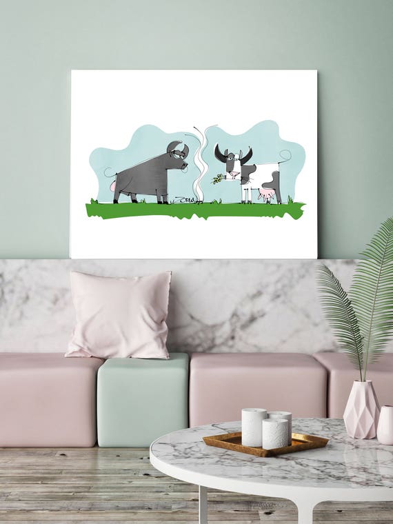 Cow Art Illustration - Thinking of you,  Illustration art print. White Blue Green Large Canvas Art Print, Kids Art up to 72" by Zeev Orlov