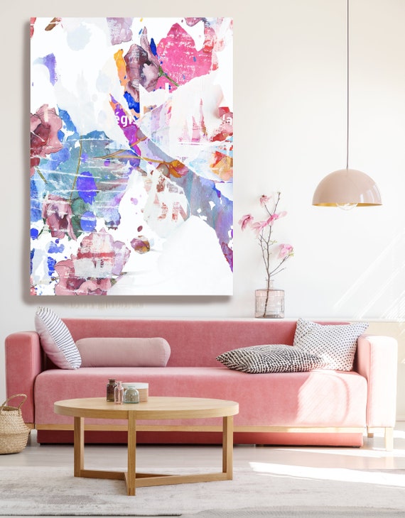 Abstract White Pink Painting on Canvas, Extra Large Canvas Print, Oversized Textured Art, Art for Interiors, early morning, Street Art
