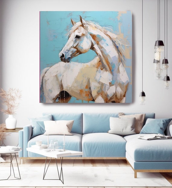 Zia  White Blue Horse Contemporary Textured Horse Art Abstract Horse Paintings On Canvas Modern Equestrian Wall Art Canvas Print