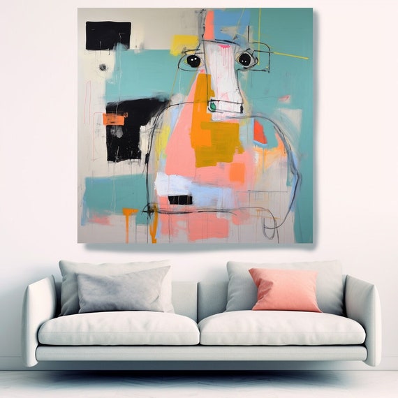 Minimalist Abstract Cow Portrait Painting Canvas Print, Cubist Portrait Art, Conceptual Abstract Color Block , Pop Art, Cow Art