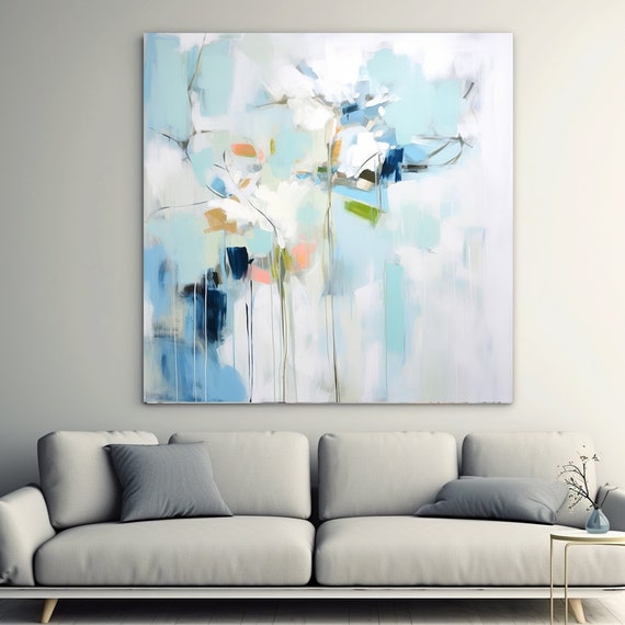 Abstract Floral Collection Blue Morning Bliss 25, Abstract White Blue Flower Painting Print On Canvas, Large Wall Art, Floral Painting Art