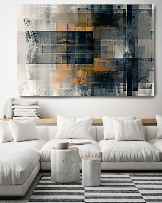 Abstract Algorithms-14, Black Blue Copper Abstract Painting Print on Canvas, Abstract Art, Contemporary Living Room Decor, Office Wall Art