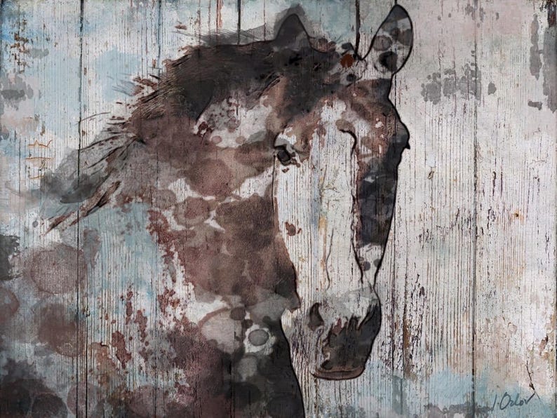 Wild Blue Horse Extra Large Horse Wall Decor, Brown Rustic Horse Large Horse Portrait Canvas Art Print Abstract Horse, Equine Art, Horse image 2