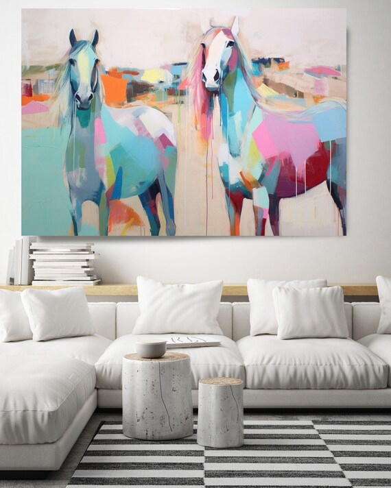 Color Block Horse Couple 2, Color Block Canvas Horse Art Print Painting
