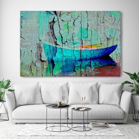 Blue Rustic Boat. Blue Red Rustic Coastal Canvas Art Print.  Boat on the lake. Canvas Print up to 72" by Irena Orlov