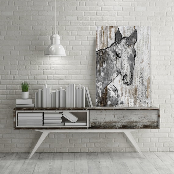 Beauty. Extra Large Horse, Unique Horse Wall Decor, White Grey Rustic Horse, Large Contemporary Canvas Art Print up to 72" by Irena Orlov