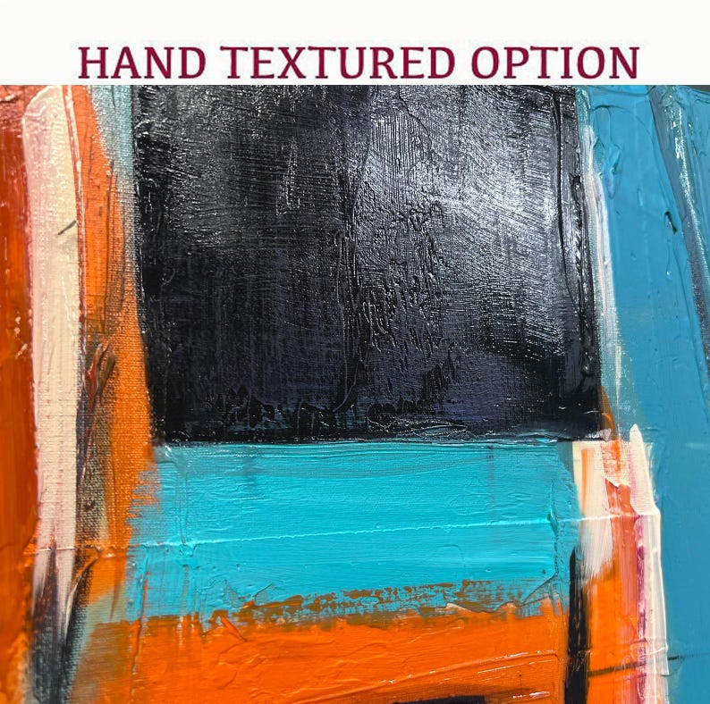 May include: Abstract painting with bold strokes of orange, turquoise, and black paint. The painting has a textured surface, giving it a three-dimensional look.
