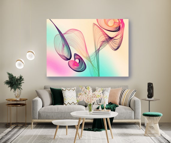 Teal Pink Yellow Abstract Painting Flow Abstract Art, Contemporary Canvas Art Print, New Media Artwork, Line Art, Minimalist Art