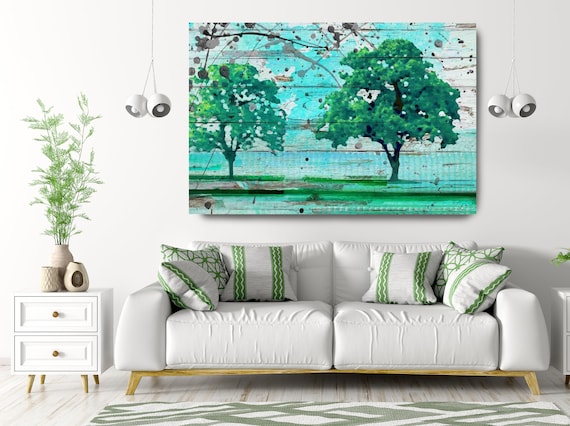 Solitude. Huge Rustic Landscape Painting Canvas Art Print, Extra Large Blue Green Scenic Canvas Art Print, Teal Trees