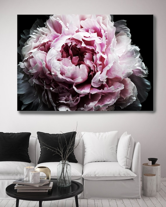 Peony Passion Canvas Print | Modern Black Pink Canvas| Farmhouse Wall Art | Botanical Wall Decor | Shabby Chic Print | Cottagecore Wall Art