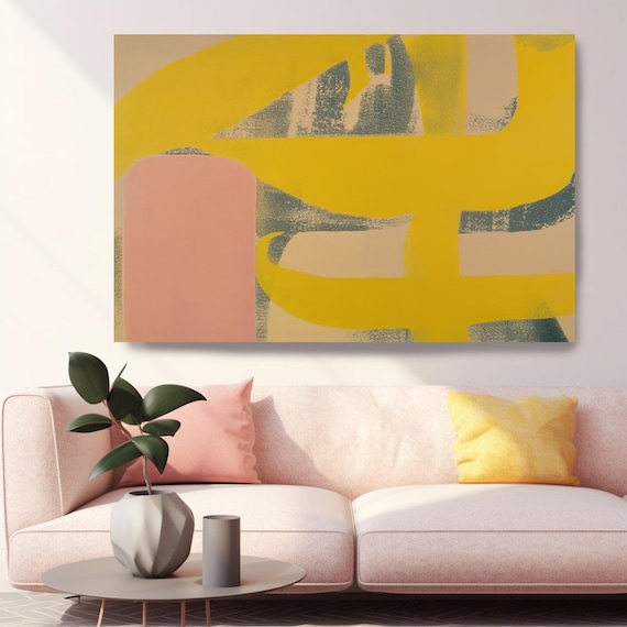 Yellow Sculpted Surfaces-5-2, Abstract Yellow Pink Painting Print on Canvas, Textured Art, Contemporary Living Room Decor, Office Wall Art
