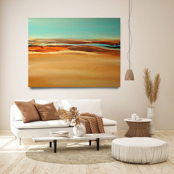 Desert. Huge Rustic Landscape Painting Canvas Art Print, Extra Large Blue Brown Yellow Orange Canvas Art Print up to 80" by Irena Orlov