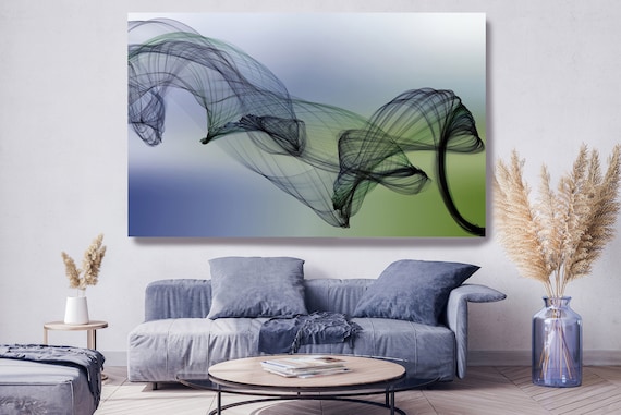 Green Blue Abstract Painting Flow Abstract Art, Contemporary Canvas Art Print, New Media Artwork The Invisible World-Movement 8, Line Art