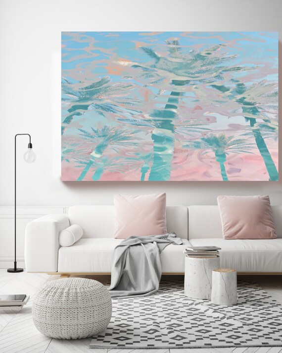 In harmony with nature - Pink Blue Palms, Jungle, Tropical Art, Pink Palms Canvas Art Print, Coastal Art Beach, California Summer Palm Art
