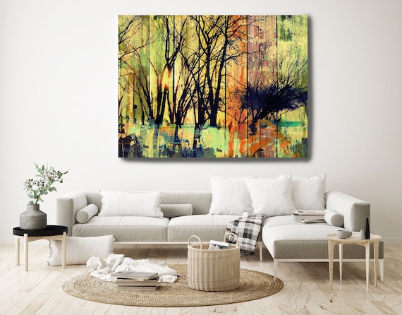 Forest. Huge Rustic Landscape Painting Canvas Art Print, Extra Large Green Orange Black Landscape Painting, Landscape Artwork, Scenic Print