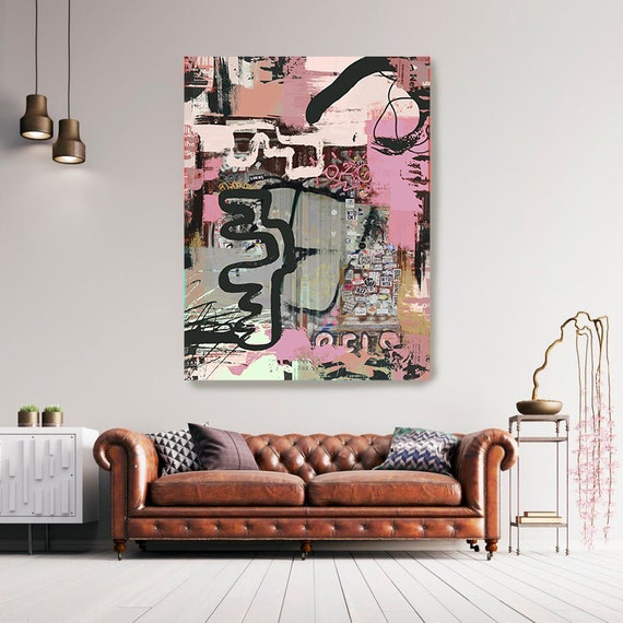 Graffiti Wall Art Pink Street Art Painting Print on Canvas, Large Canvas Print, Urban Canvas Print, The puzzle Pink