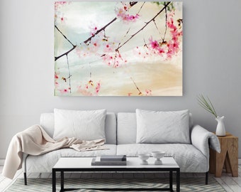 Kersenbloesem schilderij, Sakura verf, roze bloemen groot groenblauw landschap abstracte kersenbloesems aquarel schilderij canvas print
