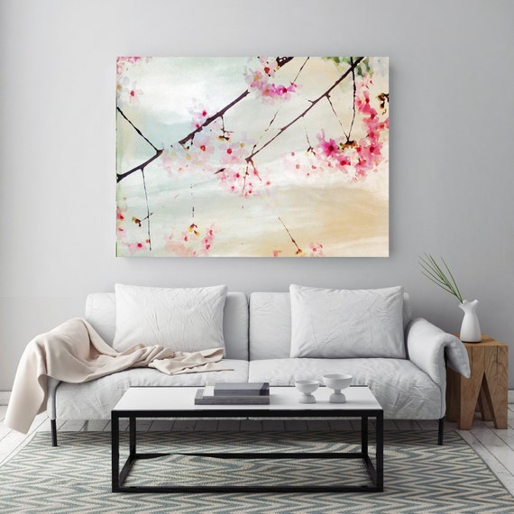 Cherry Blossom Painting, Sakura Paint, Pink Flowers Large Teal Landscape Abstract Cherry Blossoms Watercolor Painting Canvas Print