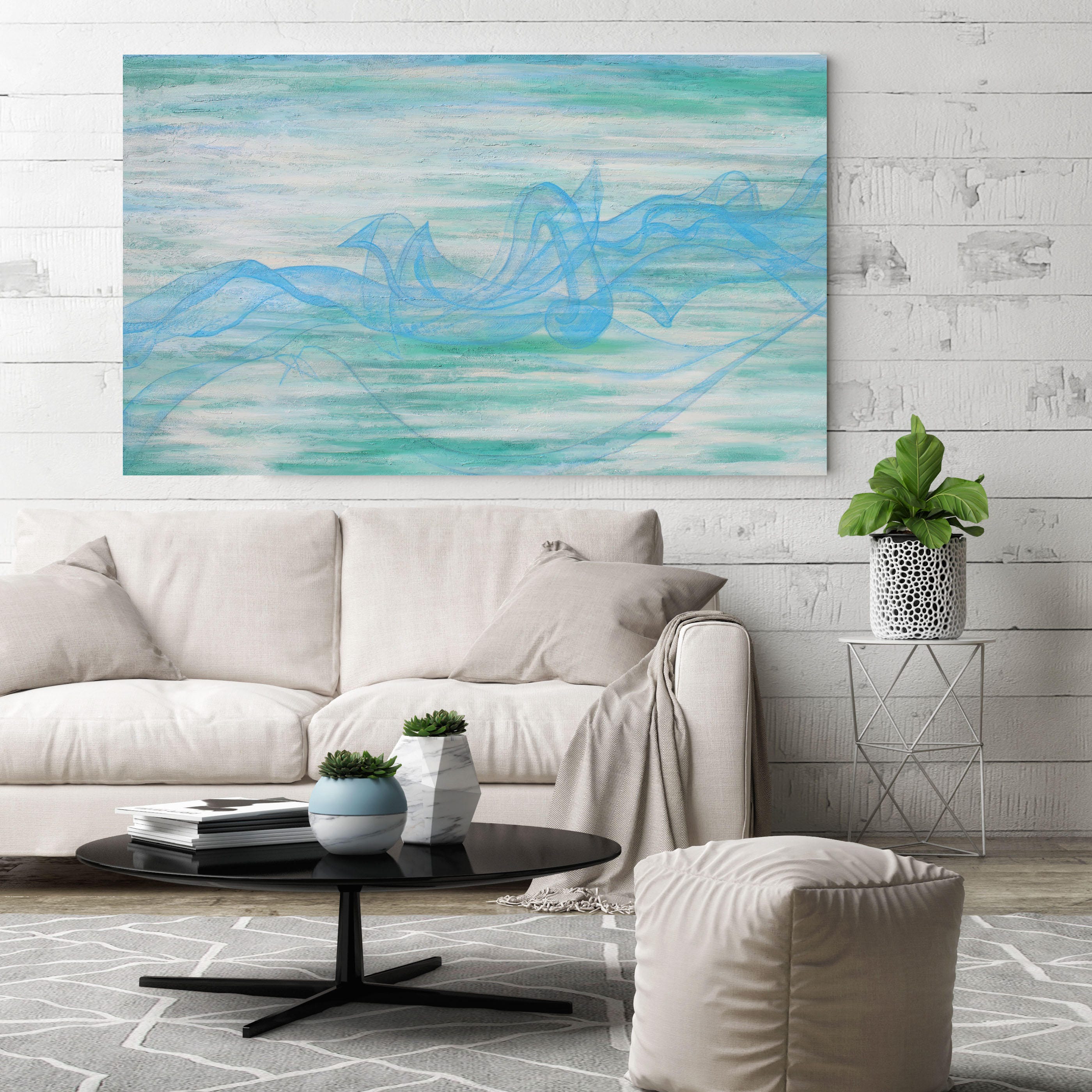 Blue Teal Abstract Coastal Painting. The Foaming Waves. Original ...