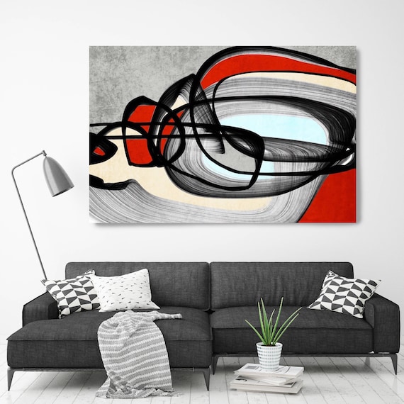 Vibrant Colorful Abstract-0-51. Mid-Century Modern Red Black Canvas Art Print, Mid Century Modern Canvas Art Print up to 72" by Irena Orlov