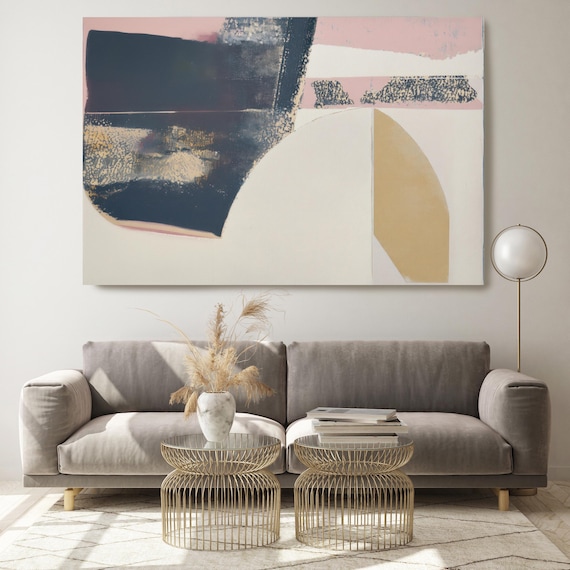 Sculpted Surfaces-3, Black Beige Pink Abstract Painting Print on Canvas, Textured Art, Contemporary Living Room Decor, Office Wall Art