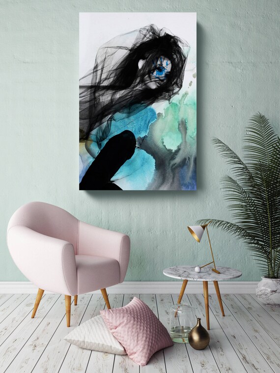 Blue Butterfly 8, Figurative Mixed Media Contemporary Blue Black Woman Canvas Art Print up to 72" by Irena Orlov