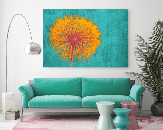 Dandelion. Floral Painting,Turquoise Yellow Abstract Art,  Abstract Colorful Contemporary Canvas Art Print up to 72" by Irena Orlov