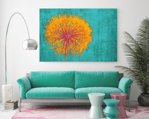 Dandelion. Floral Painting,Turquoise Yellow Abstract Art,  Abstract Colorful Contemporary Canvas Art Print up to 72" by Irena Orlov