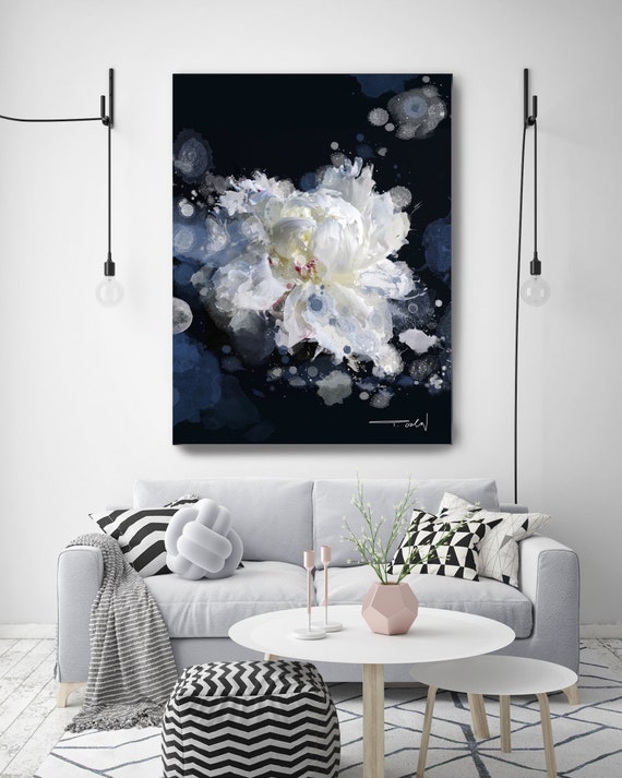 Breathless 2: Exquisite Floral Painting Print, Stunning Black Blue White Art, Large Canvas Print by Irena Orlov