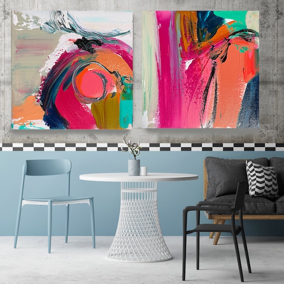 Joyful Modernist Abstraction 9, Diptych canvas art prints-2 panels Stretched Canvas Wall Art, Canvas Art Print, Abstract Bohemian Wall Decor