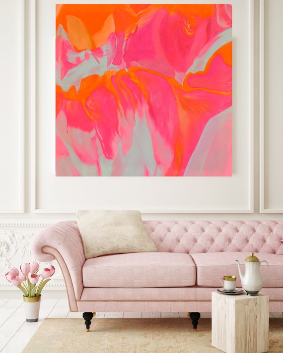 Volcano Spectacular, Pink Orange Gray Abstract Painting, Pink Orange Gray Blur Canvas Art Print up to 50" by Irena Orlov