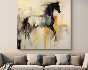 Puede incluir: Pintura abstracta de un caballo blanco y negro corriendo sobre un fondo beige con acentos amarillos y grises.