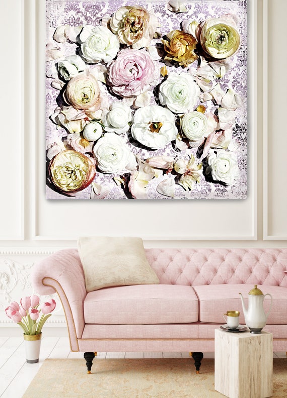 Shabby Chic Flowers 22. Rustic Floral Painting, Pink Yellow White Rustic Large Floral Canvas Art Print up to 48" by Irena Orlov