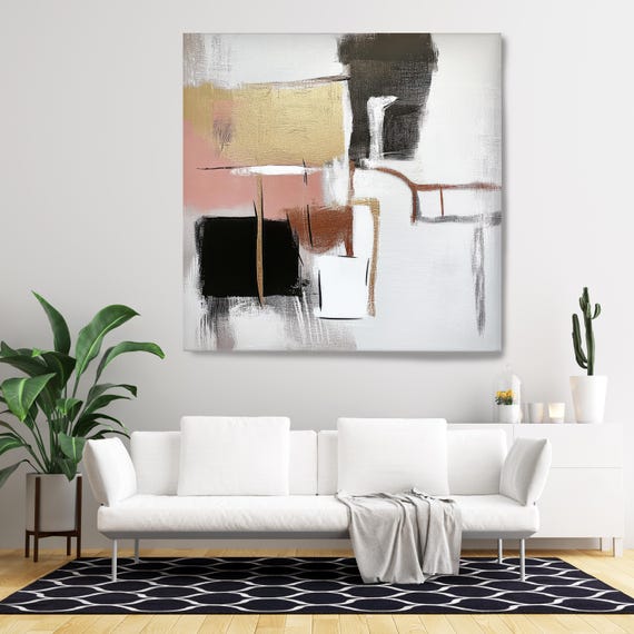 Golden Ebb-1, White Black Gold Pink Canvas Print | Minimalist Abstract Painting | Black Abstraction | Abstract  Art | Abstract Canvas Print