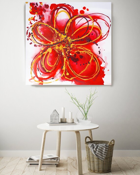 Red Splash Flower, Floral Painting, Red Abstract Art, Large Abstract Colorful Contemporary Canvas Art Print up to 48" by Irena Orlov