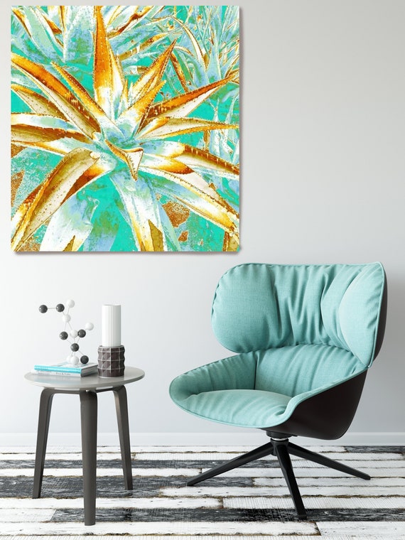 Cactus. Succulent print -Colorful teal succulent - Succulent photography - Gold Teal - Succulent prints - Botany wall art - Canvas Art print