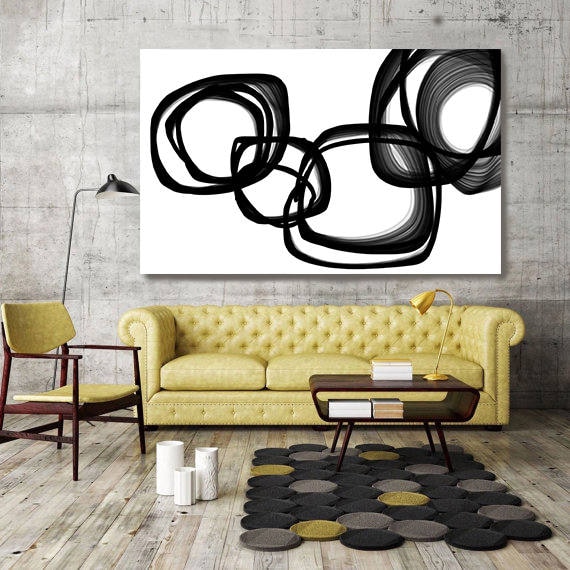 Minimalist Abstract Art Brush Strokes Black & White Unique Abstract Wall Decor, Large Contemporary Canvas Art Print