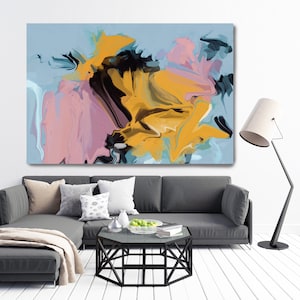 Daily News, Blue Yellow Pink Abstract Painting / Modern Art / Original Art /Blue Painting Blue Abstract Art Blue and Yellow Art/Canvas Print