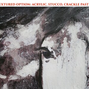 May include: Close-up of a textured painting with black, white, and grey paint. The paint has a rough, textured surface, suggesting the use of acrylic, stucco, crackle paste, or gesso.