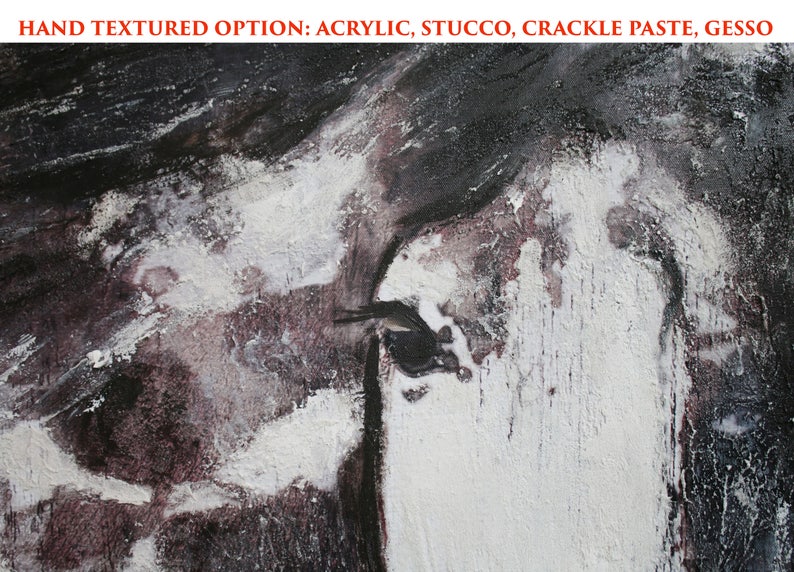 May include: Close-up of a textured painting with black, white, and grey paint. The paint has a rough, textured surface, suggesting the use of acrylic, stucco, crackle paste, or gesso.