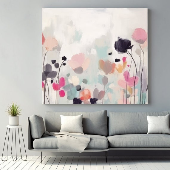 Spring Flowers 21, Abstract Muted Flower Painting Print On Canvas, Large Wall Art Modern Floral Painting Art Print, Muted Colors Painting