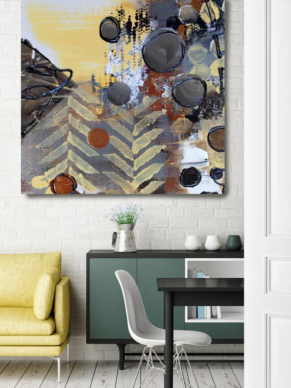 Geometric Abstraction JW24. Yellow Grey Geometrical Abstract Art, Extra Large Abstract Colorful Canvas Art Print up to 48" by Irena Orlov