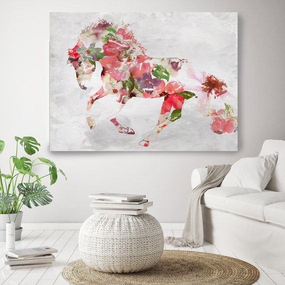 Beautiful Floral Horse 4 BOHO Mixed Media Horse Painting Canvas Print BOHO Pink Floral Horse Art Large Canvas, Painted Horse Boho Wall Art