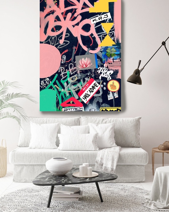 Maximalist Art, Graffiti Wall Art Pink Black Street Art Painting Print on Canvas, Large Canvas Print, Urban Canvas Print, Out of Meaning 2