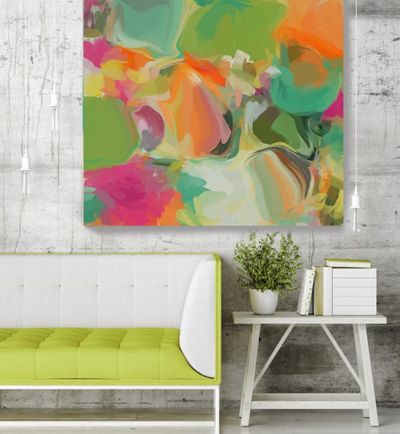 Simply Gratitude 1. Green Orange Abstract Art, Wall Decor, Large Abstract Colorful Contemporary Canvas Art Print up to 48" by Irena Orlov