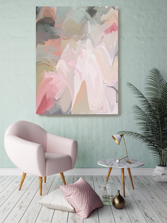 Aesthetic 3, Green Pink Pastel Colors Art, Abstract painting, Neutral colors painting, modern art, Canvas Art Print, Fluid painting