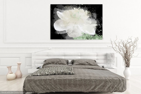 White Peony Flower. Floral Painting, White Black Abstract Art Large Abstract Colorful Contemporary Canvas Art Print up to 72" by Irena Orlov