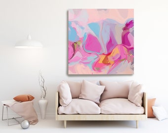 Rosepink Blue Yellow Natural Abstract Painting, Beautiful Abstract Art, Modern Wall Decor, Large Canvas Art, Mood Lifter