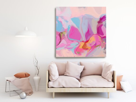 Rosepink Blue Yellow Natural Abstract Painting, Beautiful Abstract Art, Modern Wall Decor, Large Canvas Art, Mood Lifter