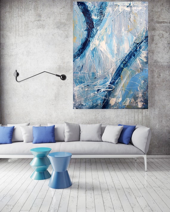 Abstract Blue White Painting, Urban Raw Abstract Canvas Print, Blue Abstract Art on Canvas, Textured Painting Canvas Print, Hand Textured